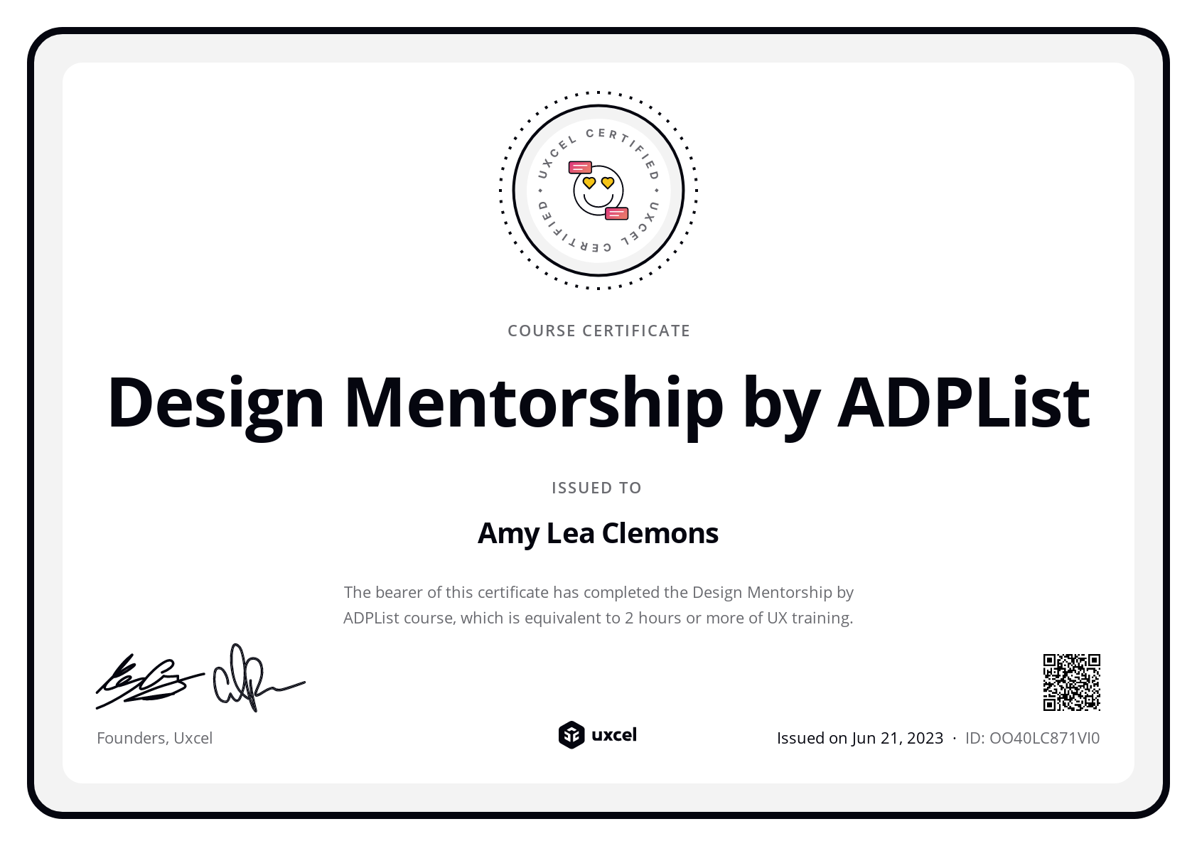 Amy Lea Clemons's certificate